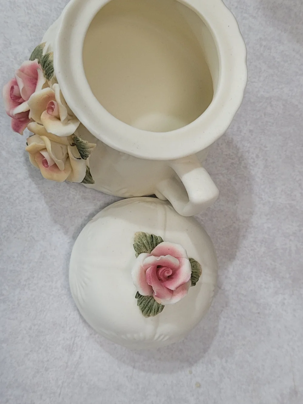 Source Unknown Cream Porcelain Coffee Set with Pink & Yellow Rose Appliques
